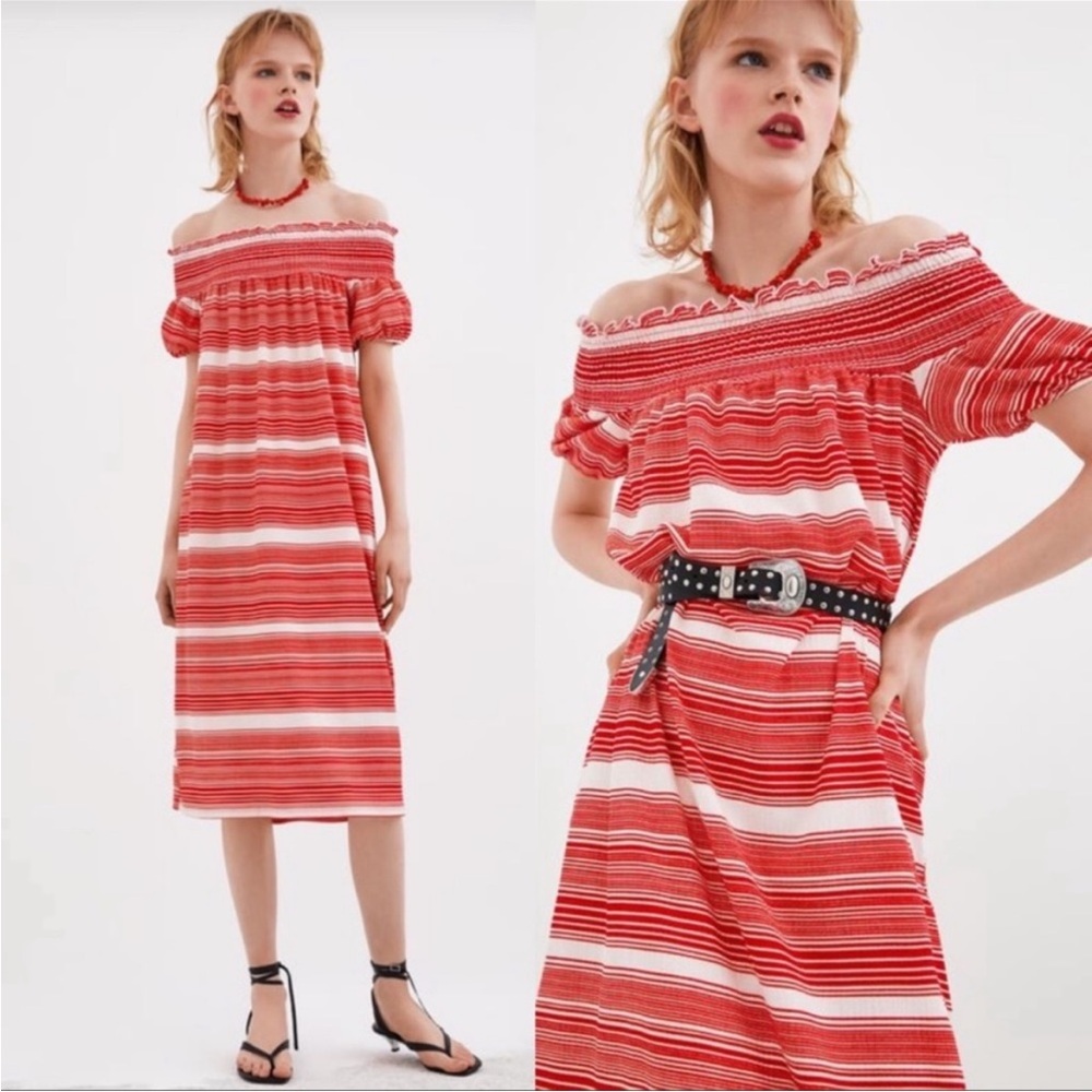 Zara Red And White Striped Off The‎ Shoulder Bardot Neckline Midi Dress Sz.Large